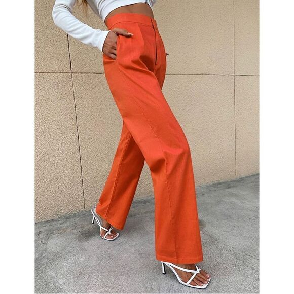 High Waist Zip Up Pleated Pants Straight Leg Long Trousers Pocket XS - Picture 4 of 5